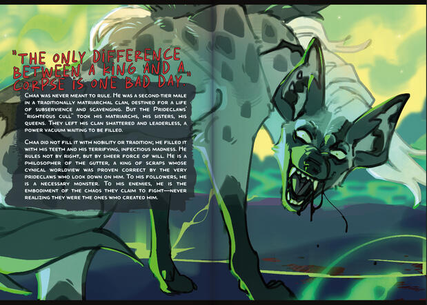 Chaa hyena king character design with lore text for Clawstar by D. S. Black - dark fantasy universe primer